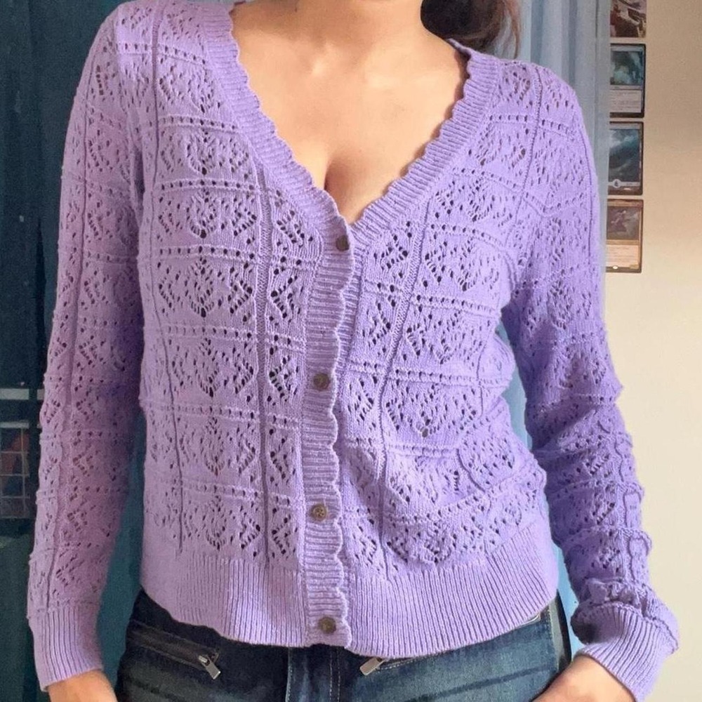 Cottage-Core Lavender Open Knit Button Cardigan - Picture 7 of 7
